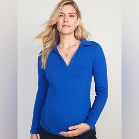 Old Navy Maternity Long-Sleeve Fitted Rib-Knit Polo Shirt - Blue - Size XL - Picture 1 of 6